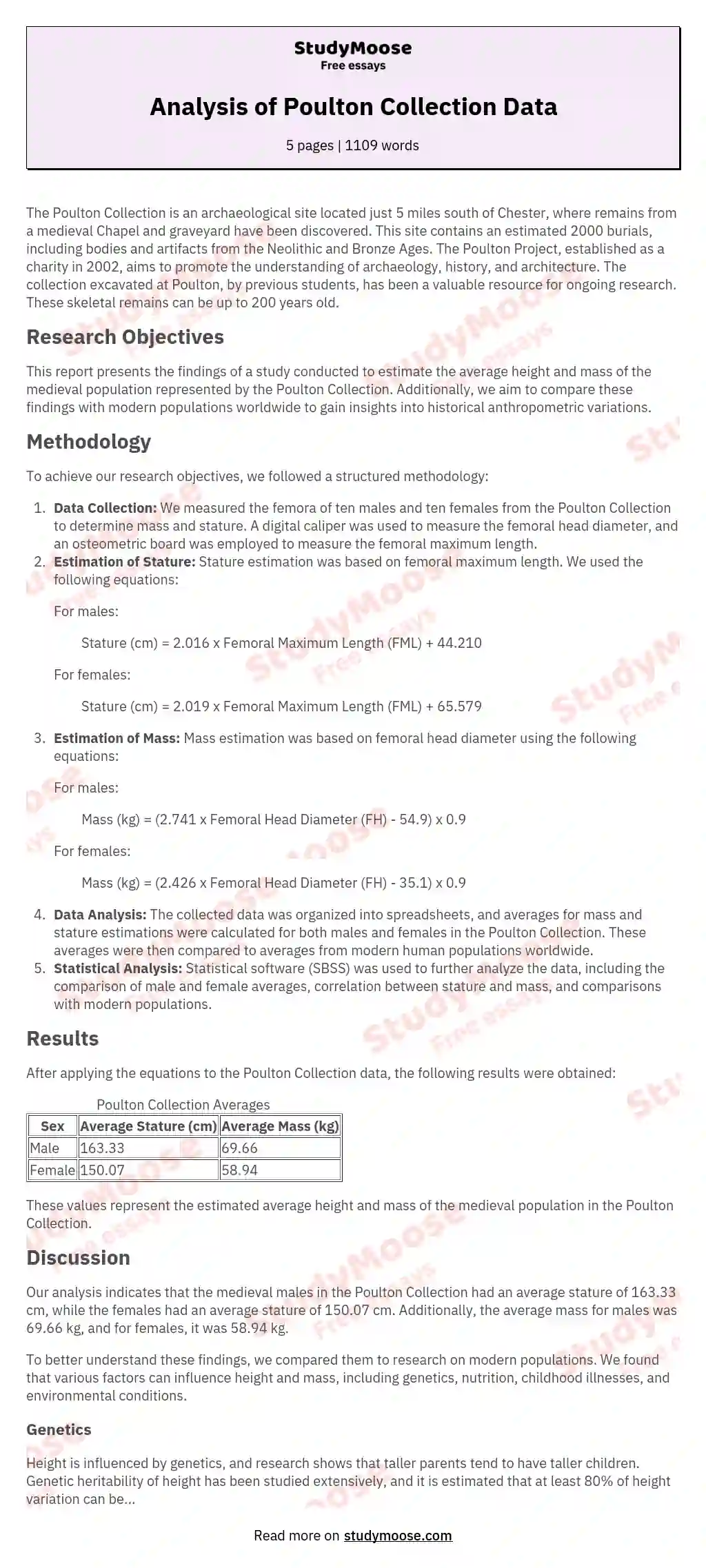 Analysis of Poulton Collection Data essay