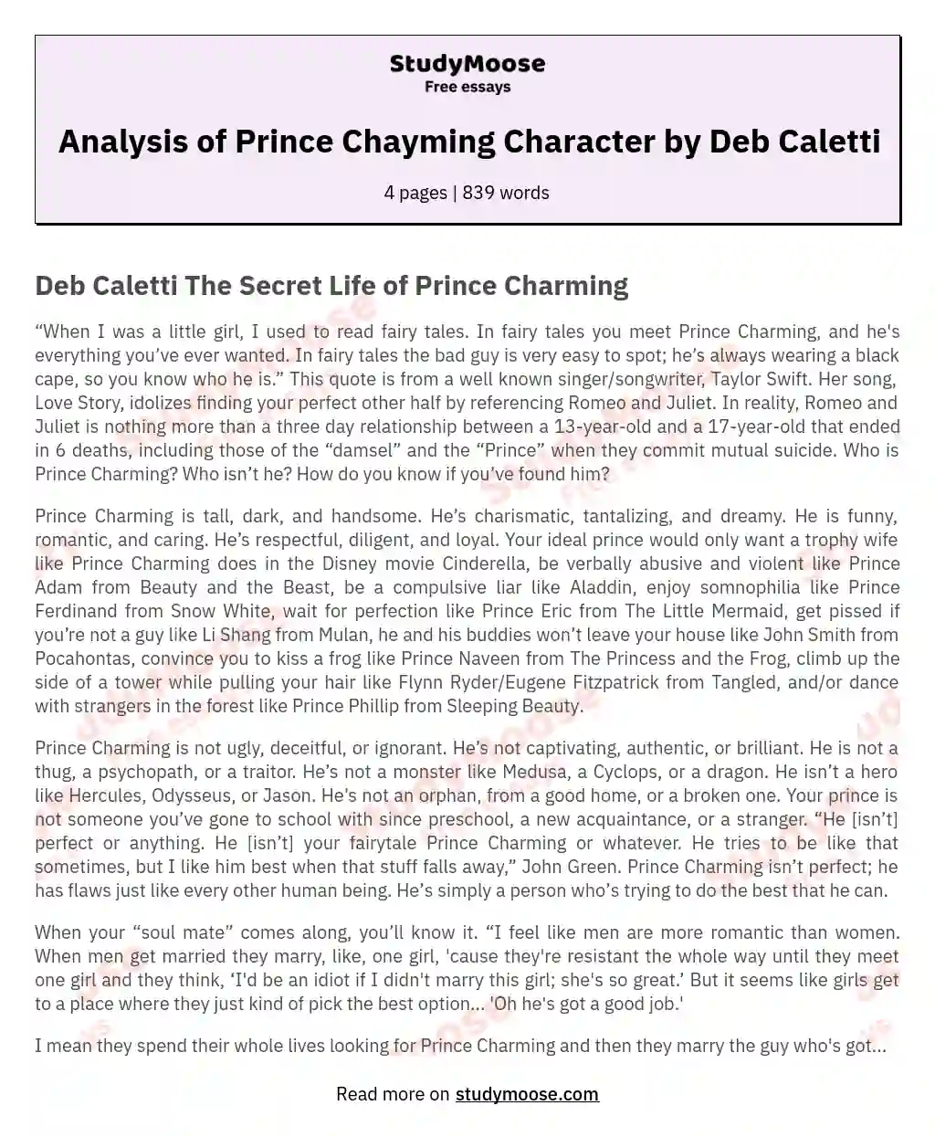Analysis of Prince Chayming Character by Deb Caletti essay