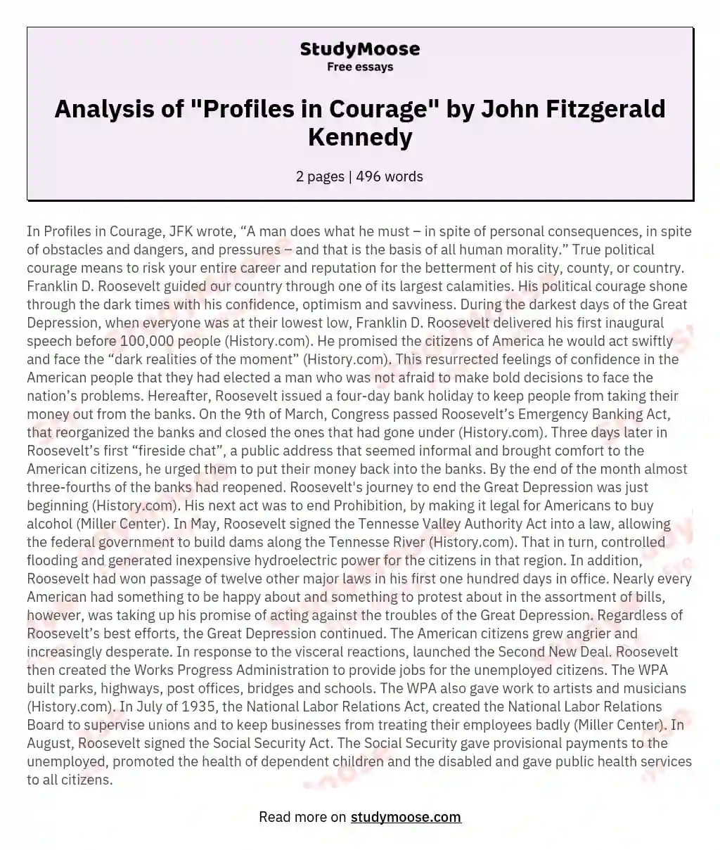 Analysis of "Profiles in Courage" by John Fitzgerald Kennedy essay