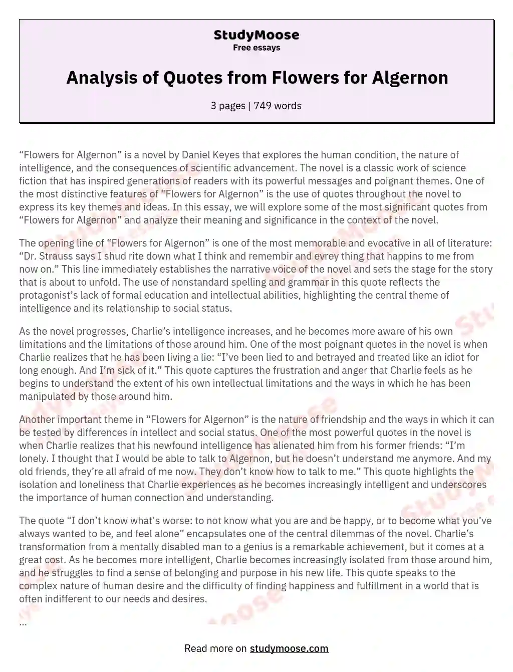 Analysis of Quotes from Flowers for Algernon essay