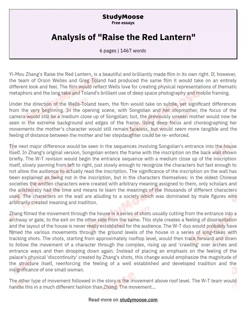 Aesthetic Changes in "Raise the Red Lantern" by Wells-Toland essay