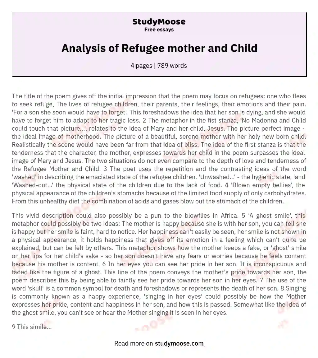 Analysis of Refugee mother and Child essay