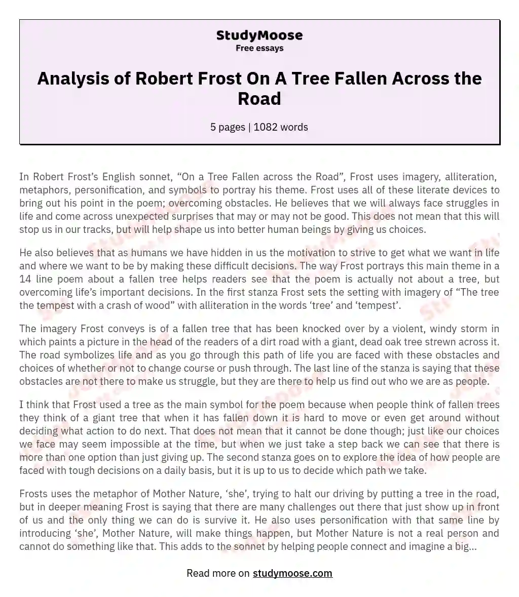 Analysis of Robert Frost On A Tree Fallen Across the Road essay