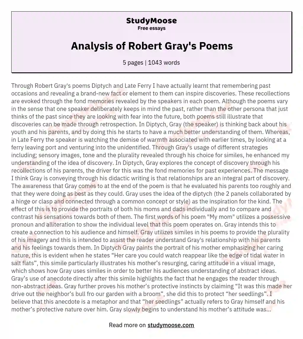 Analysis of Robert Gray's Poems essay