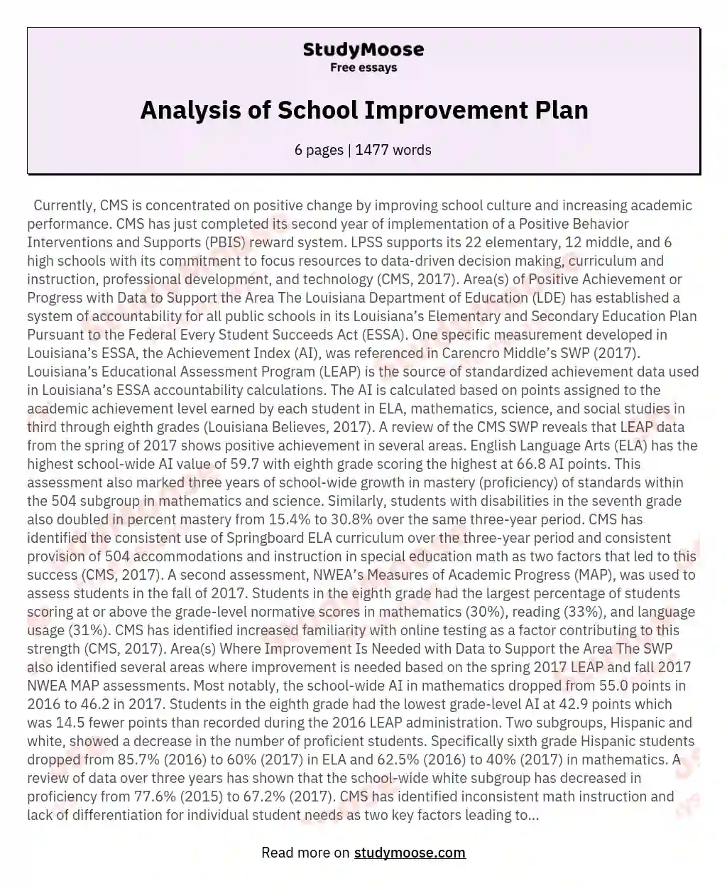 Analysis of School Improvement Plan essay