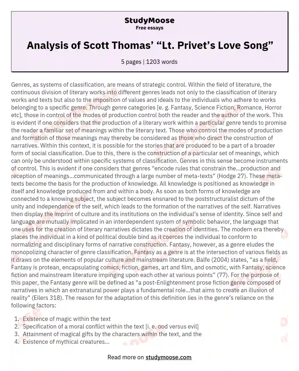 Analysis of Scott Thomas’ “Lt. Privet’s Love Song” essay