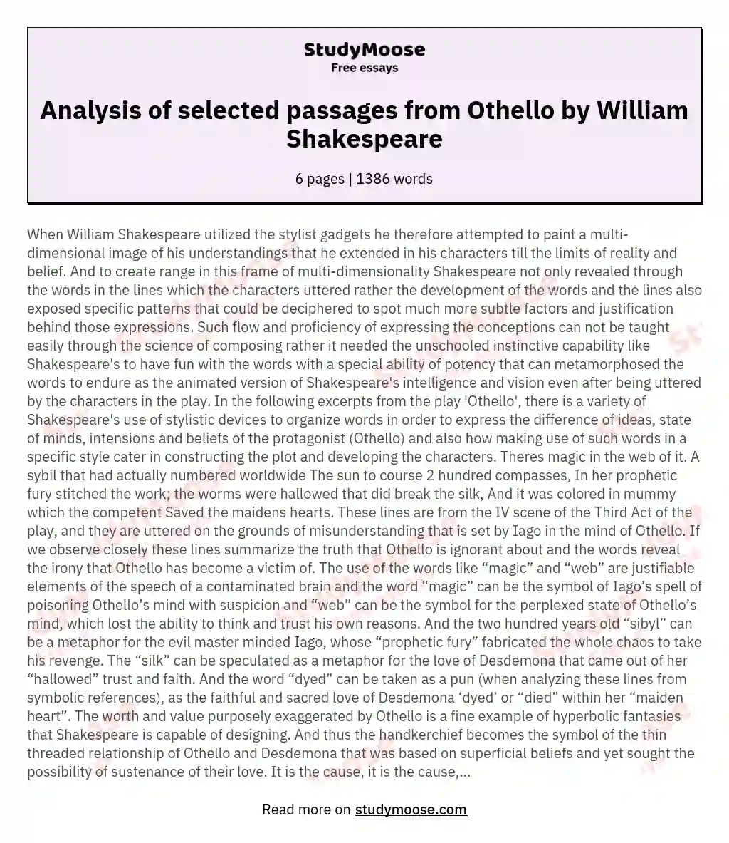 Analysis of selected passages from Othello by William Shakespeare