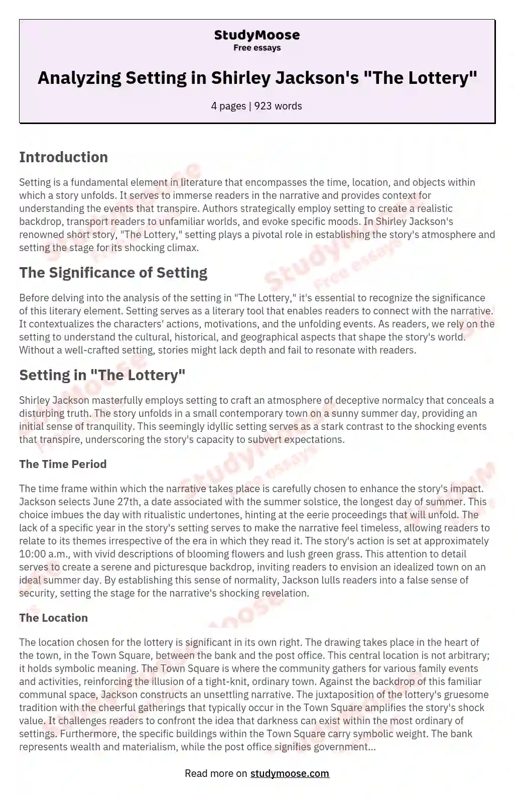 Analyzing Setting in Shirley Jackson's "The Lottery" essay