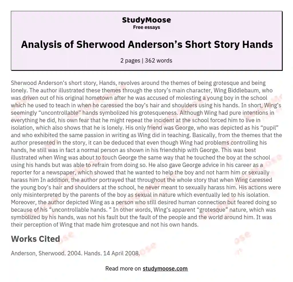 Analysis of Sherwood Anderson’s Short Story Hands essay