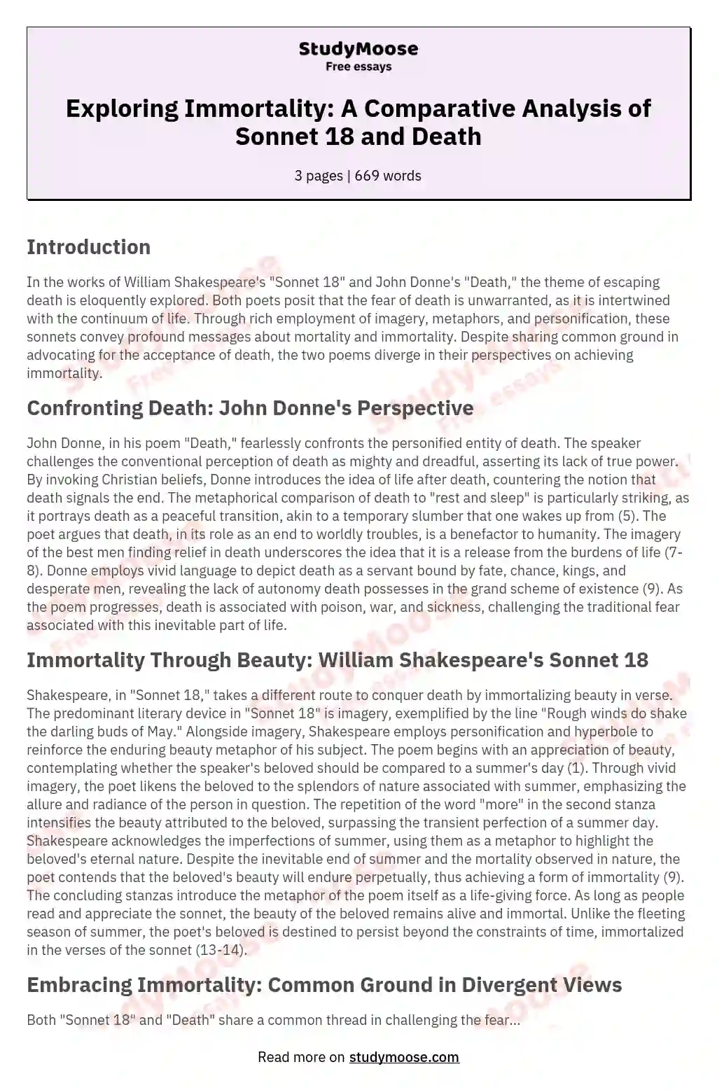 Exploring Immortality: A Comparative Analysis of Sonnet 18 and Death essay