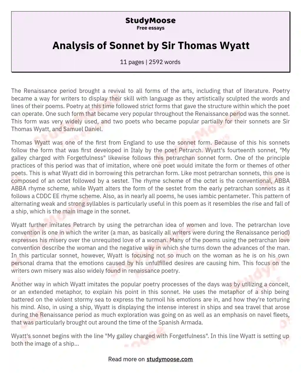 Analysis of Sonnet by Sir Thomas Wyatt essay