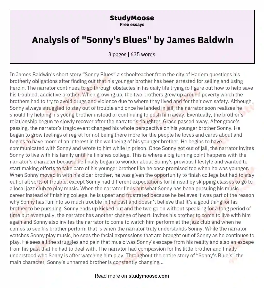 Analysis of "Sonny's Blues" by James Baldwin essay