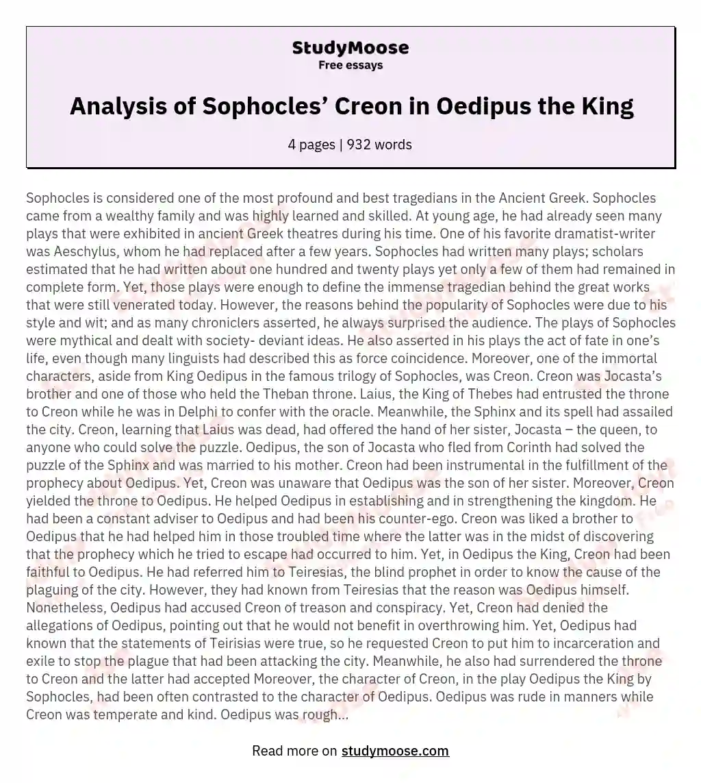 Oedipus Rex or Oedipus the King Prologue, Parode and First Episode (1-462)  Summary and Analysis | GradeSaver