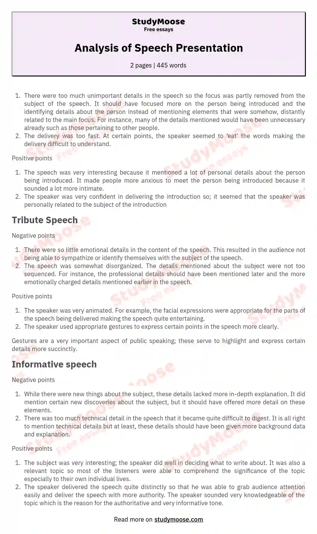 Analysis Of Speech Presentation Free Essay Example