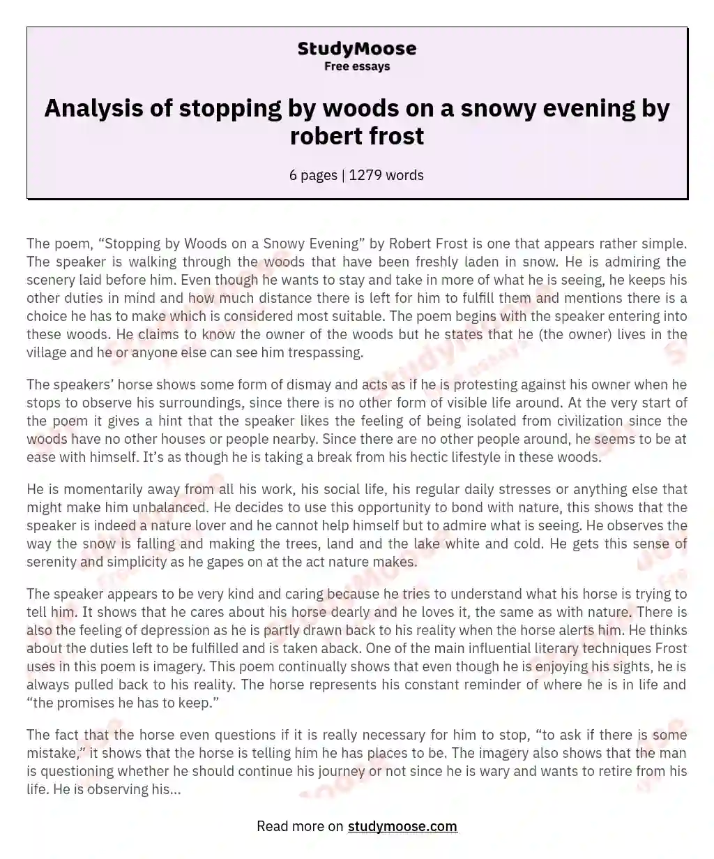 Analysis of stopping by woods on a snowy evening by robert frost essay