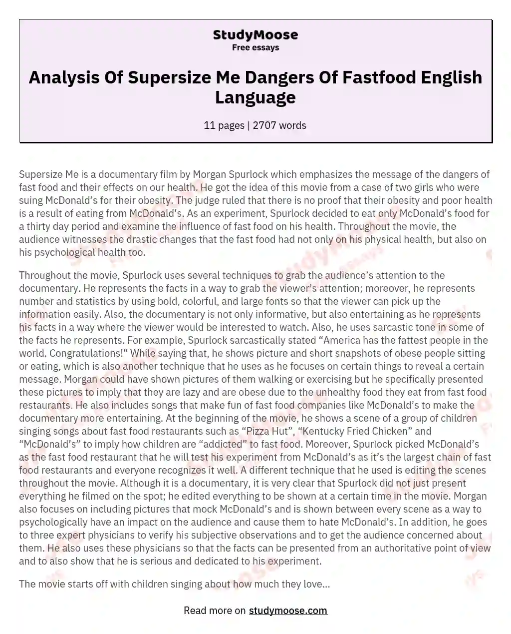 Analysis Of Supersize Me Dangers Of Fastfood English Language