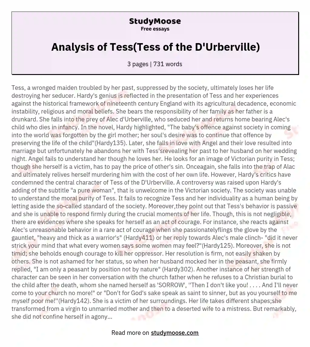 Analysis of Tess(Tess of the D'Urberville) essay