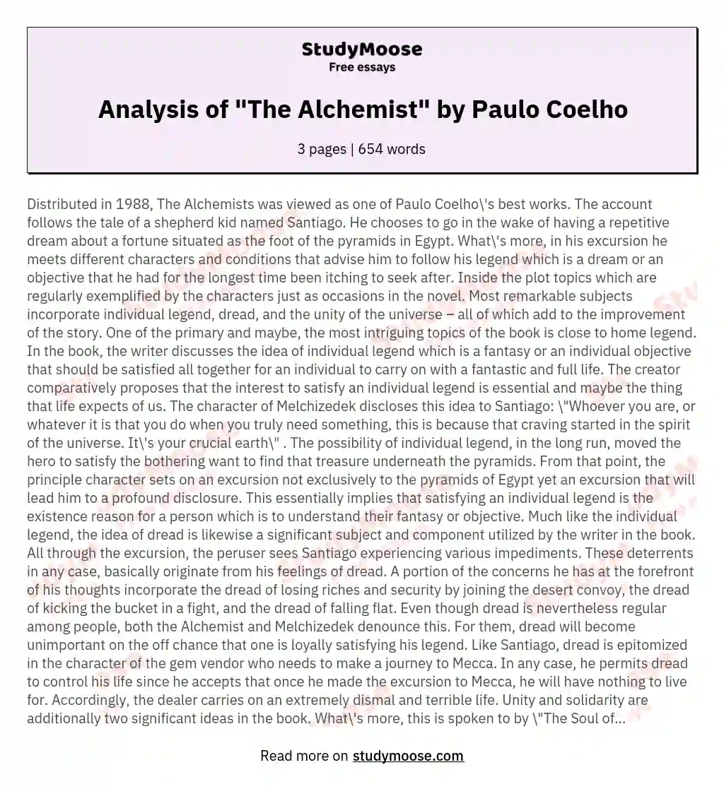 Analysis of "The Alchemist" by Paulo Coelho essay