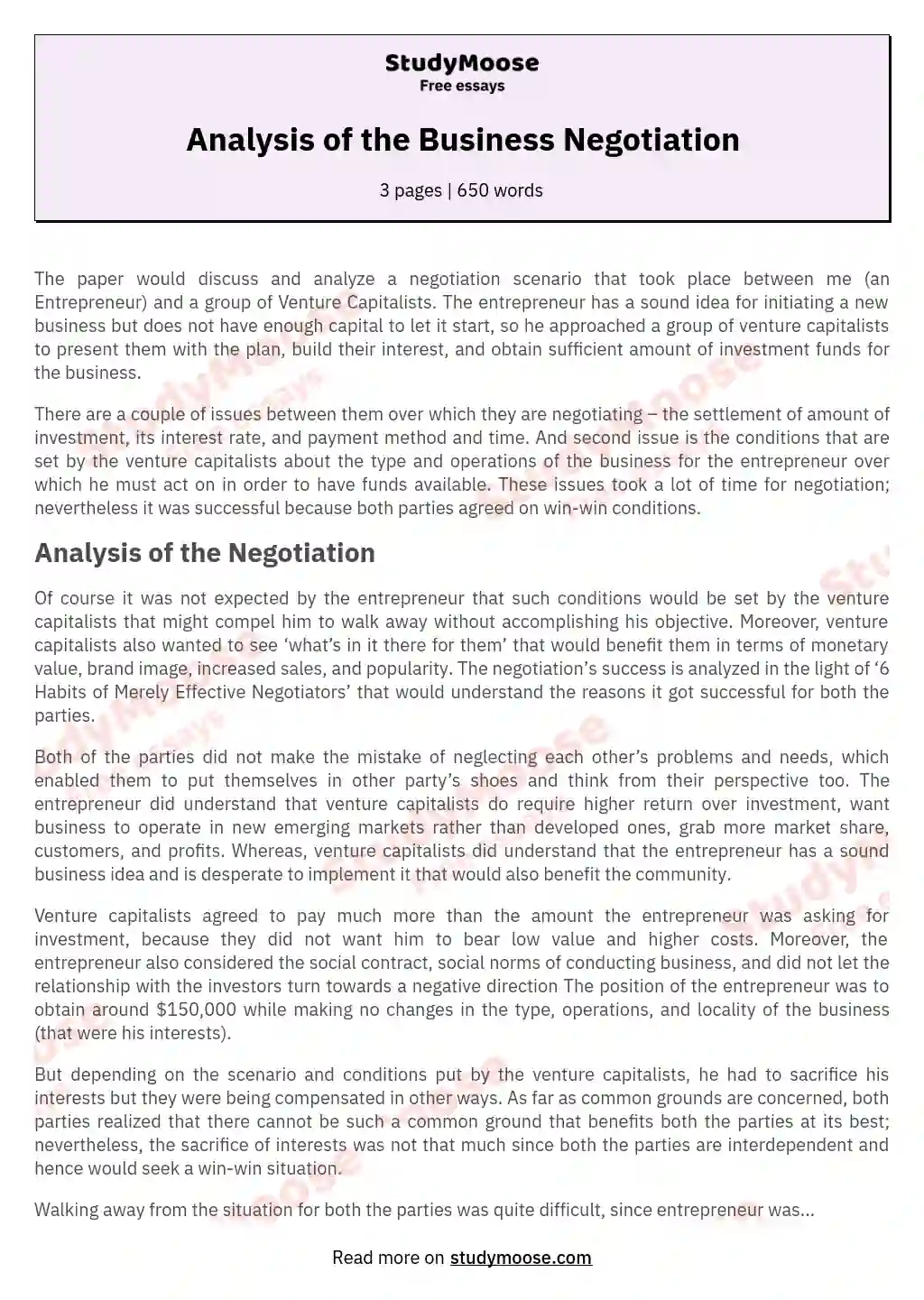 Analysis of the Business Negotiation essay
