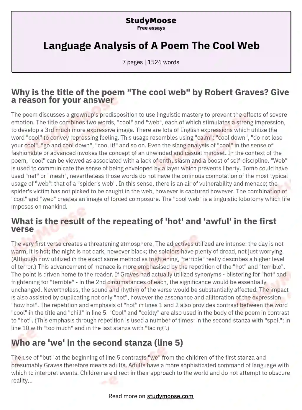 Language Analysis of A Poem The Cool Web essay