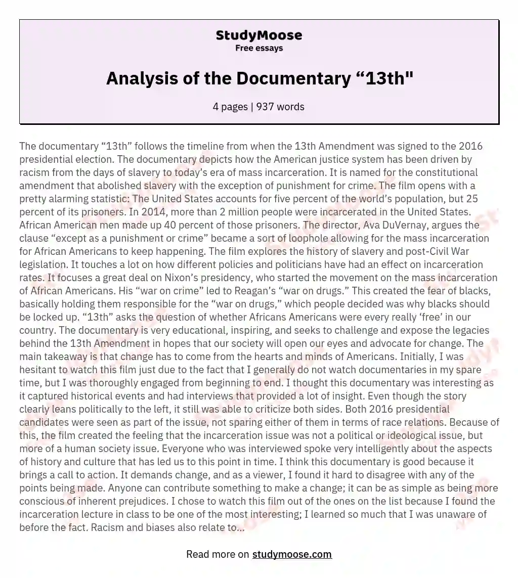Analysis of the Documentary “13th" essay