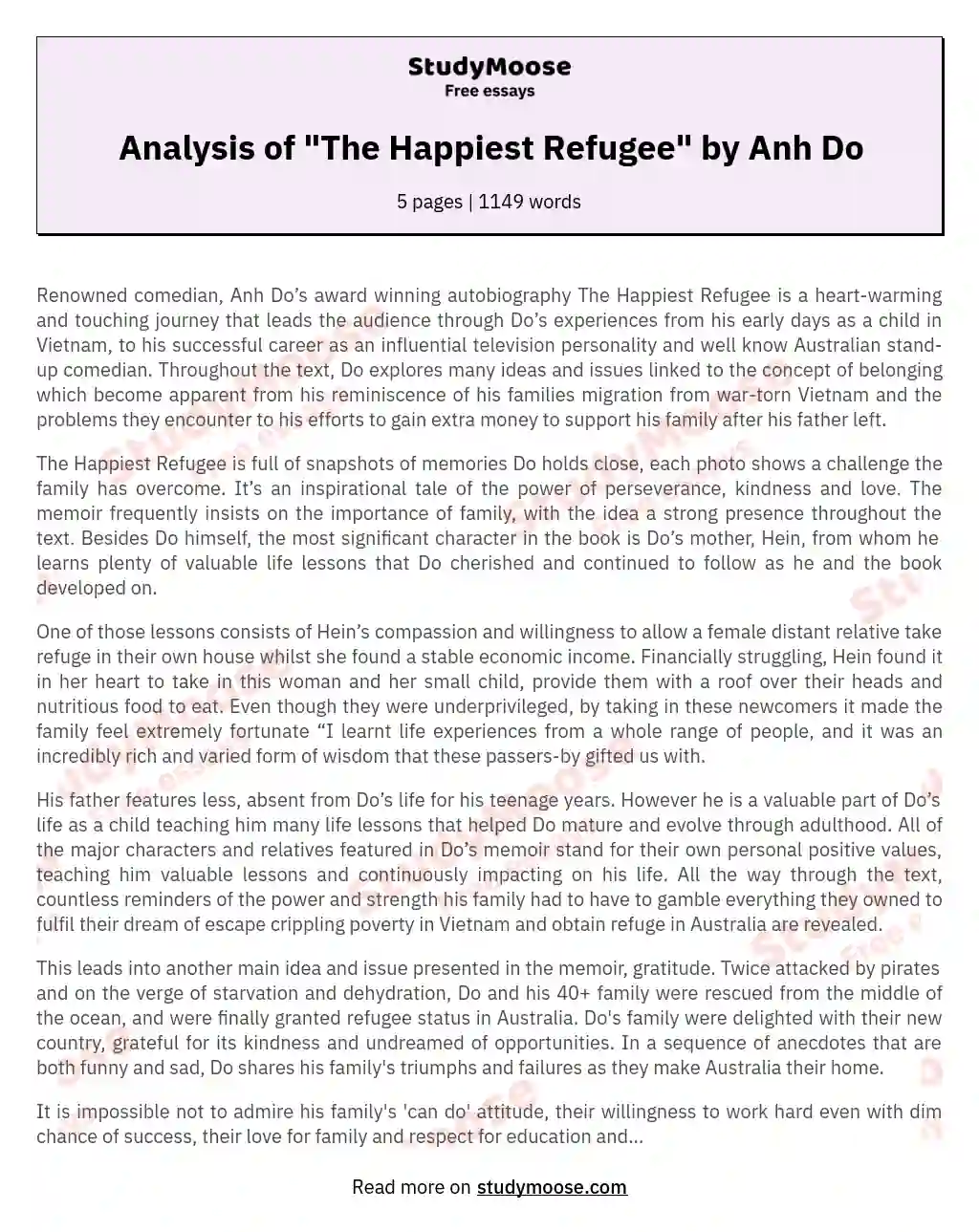 Analysis of "The Happiest Refugee" by Anh Do essay
