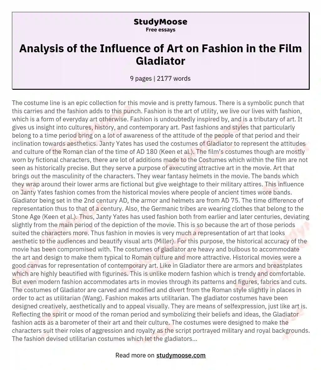 Analysis of the Influence of Art on Fashion in the Film Gladiator essay