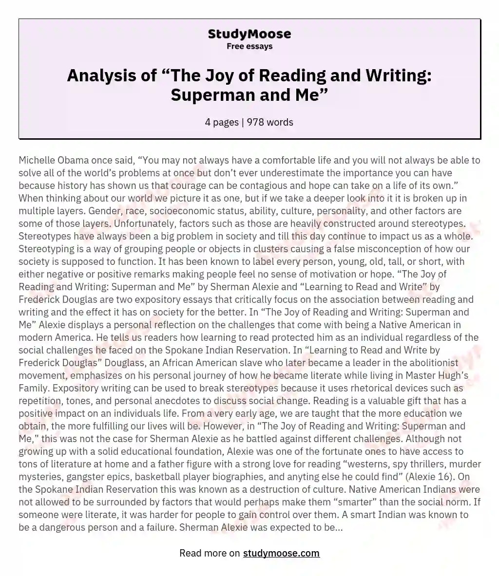 Analysis of “The Joy of Reading and Writing: Superman and Me” essay