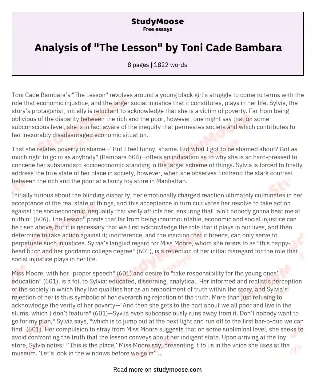 Analysis of "The Lesson" by Toni Cade Bambara
