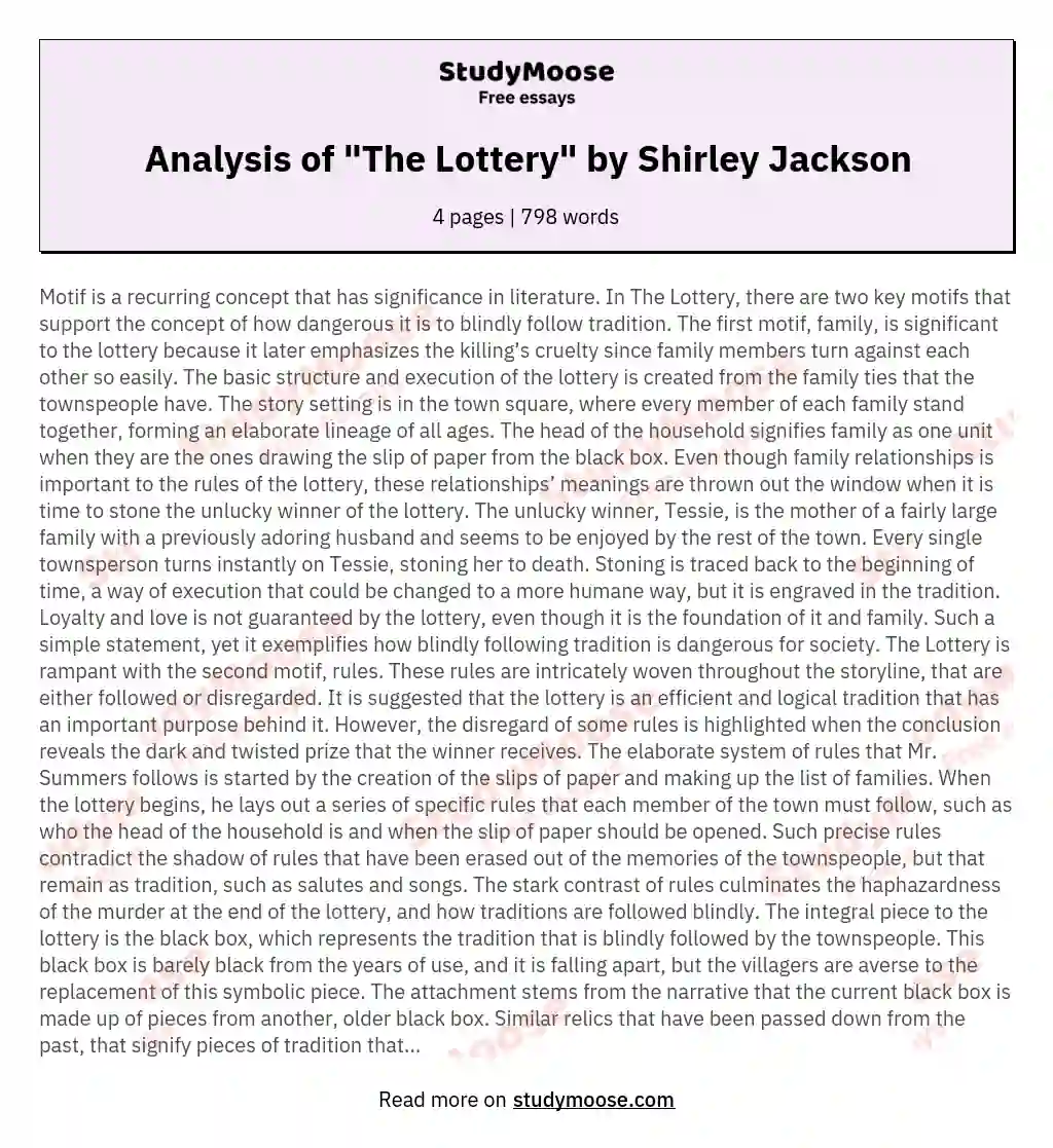 Analysis of "The Lottery" by Shirley Jackson essay