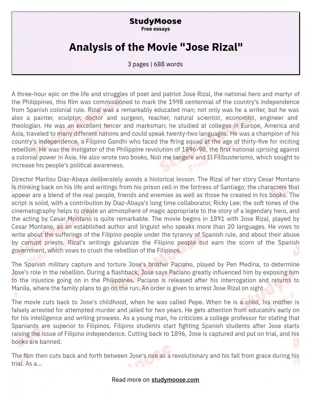 Analysis of the Movie "Jose Rizal" essay