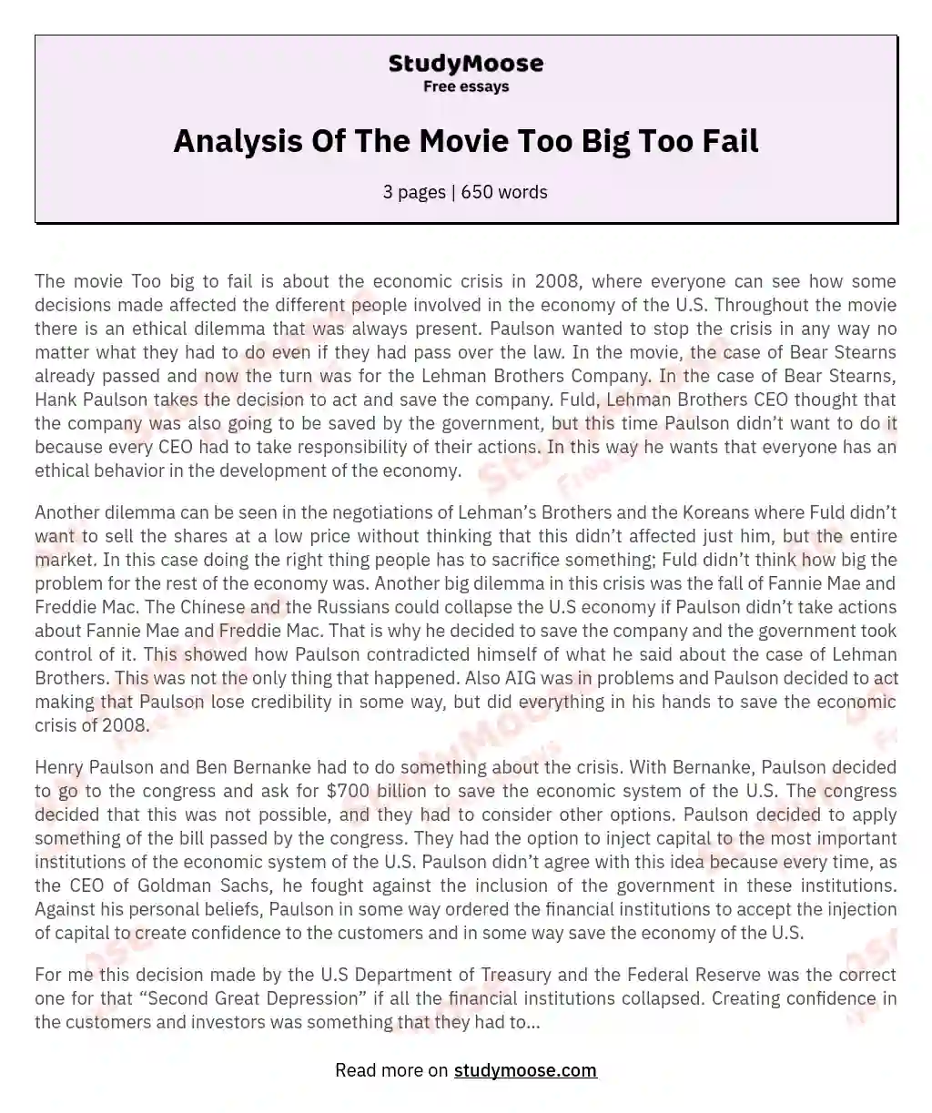 Analysis Of  The Movie Too Big Too Fail essay