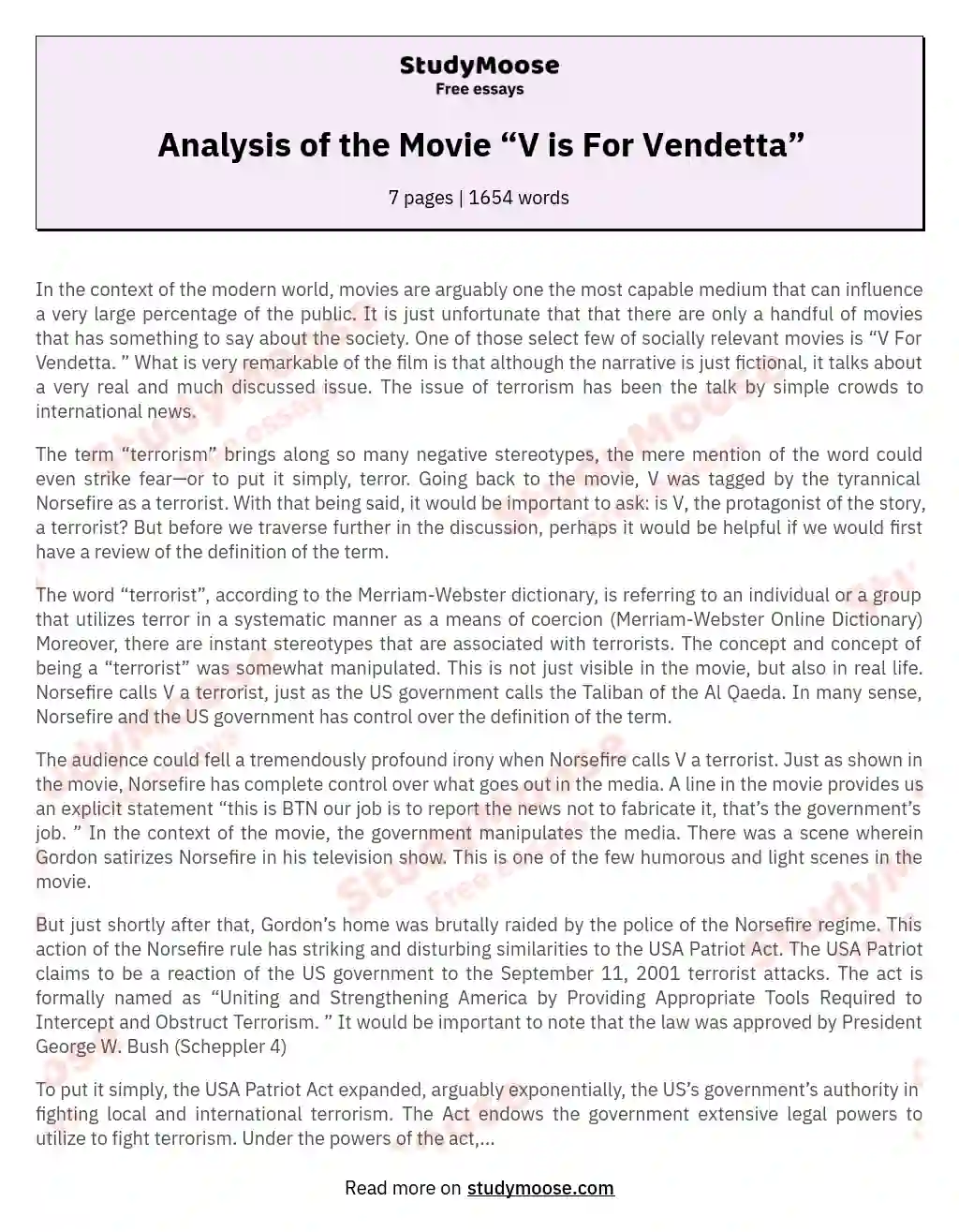 Analysis of the Movie “V is For Vendetta” essay
