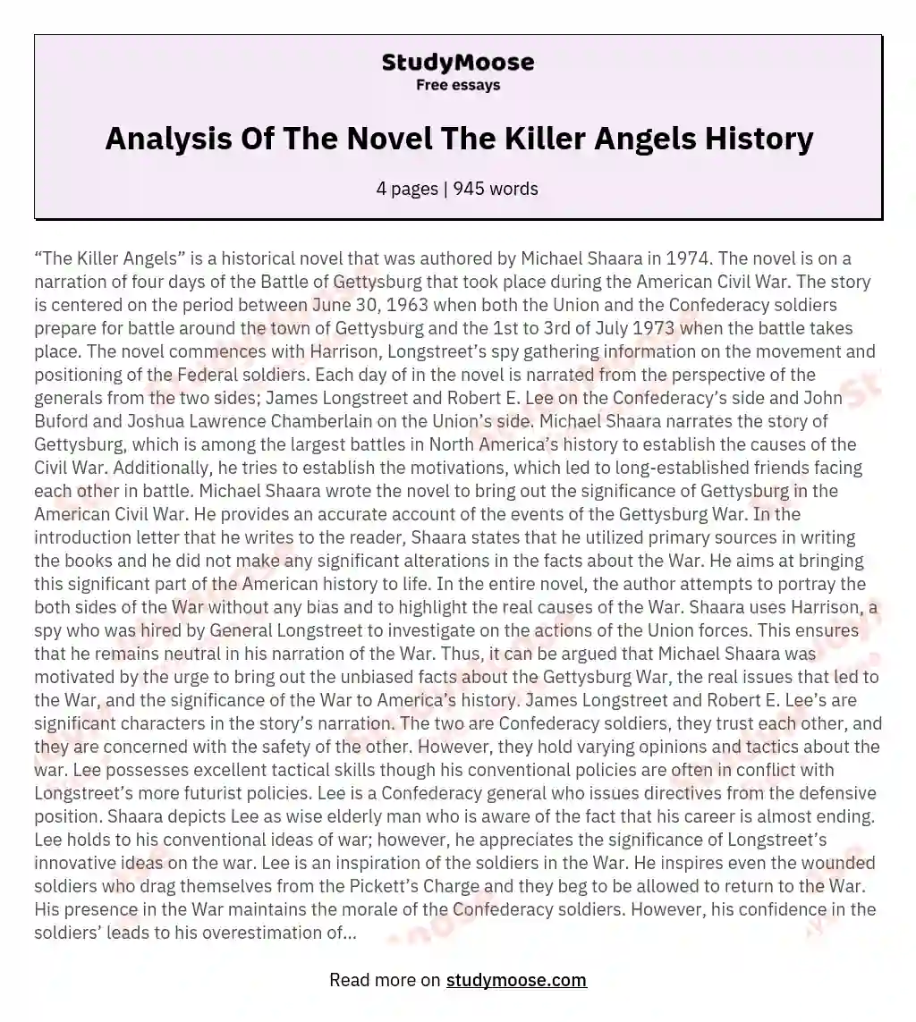 Analysis Of The Novel The Killer Angels History essay