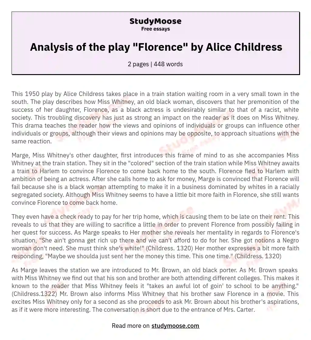 Analysis of the play "Florence" by Alice Childress essay