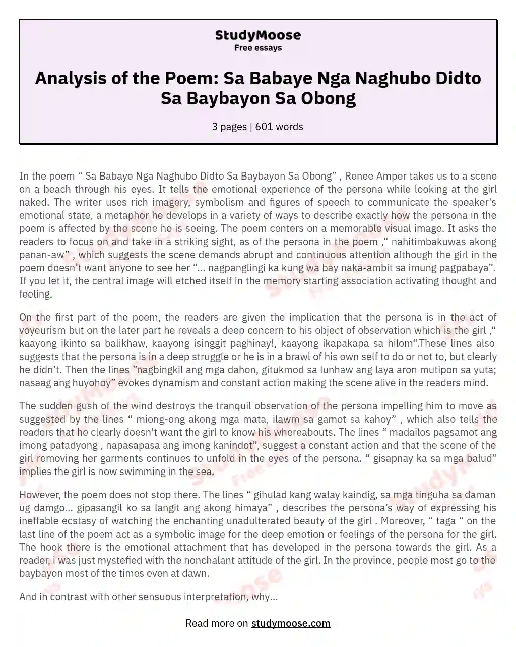 Analysis of the Poem: Sa Babaye Nga Naghubo Didto Sa Baybayon Sa Obong essay