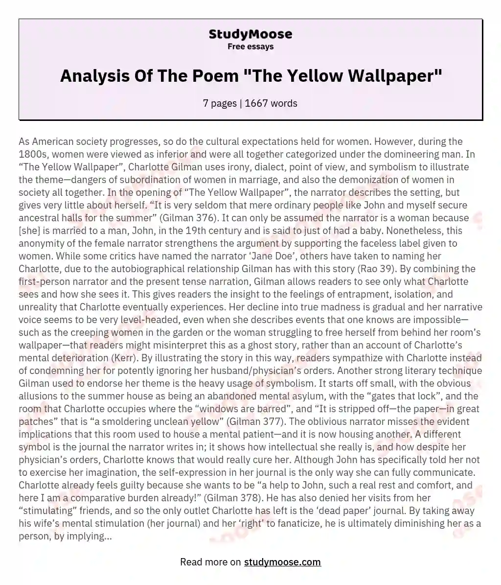 Charlotte Perkins Gilmans Yellow Wallpaper Mental Illness Essay  Example 1973 words GradesFixer