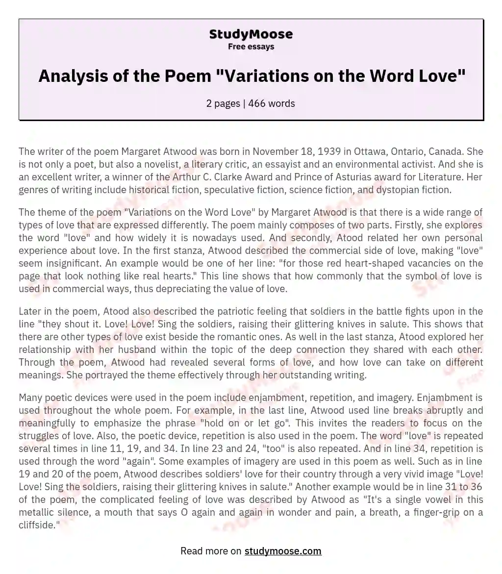 Analysis of the Poem "Variations on the Word Love" essay