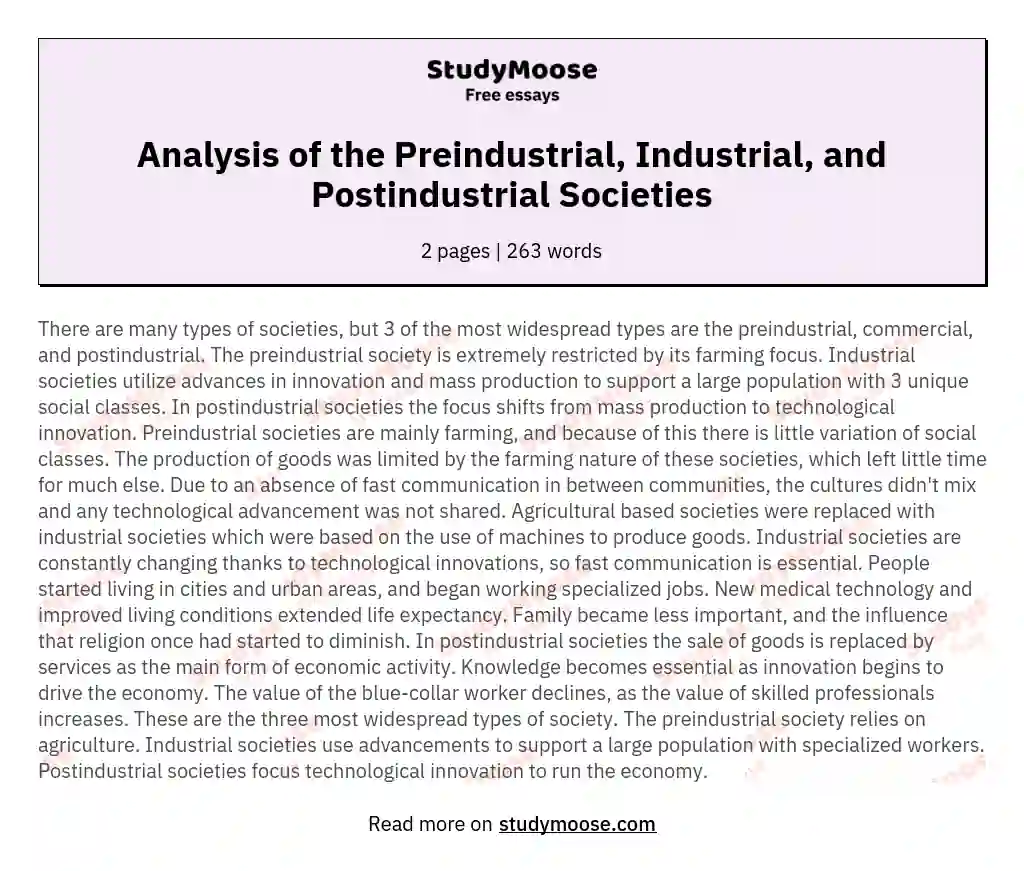 Analysis of the Preindustrial, Industrial, and Postindustrial Societies essay