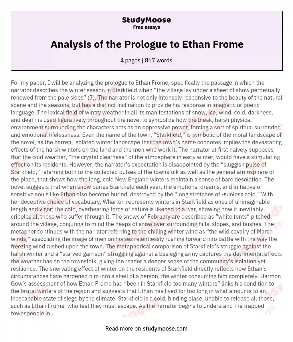 Analysis of the Prologue to Ethan Frome
