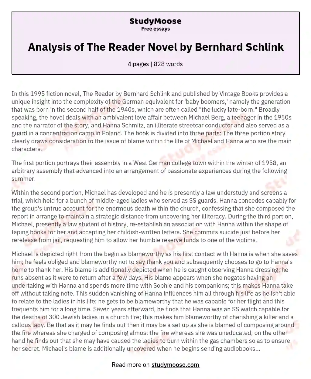 Analysis of The Reader Novel by Bernhard Schlink essay