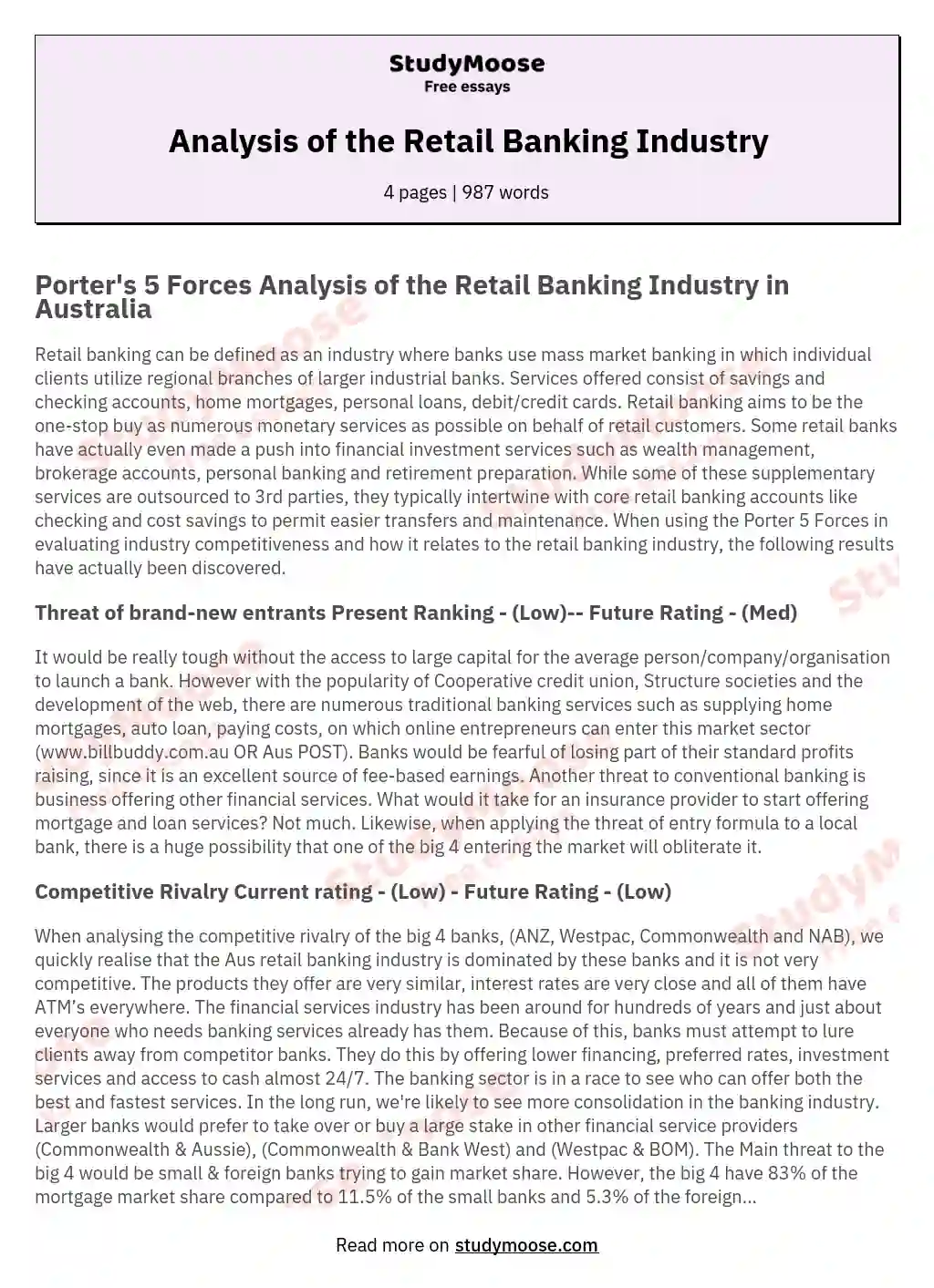 Analysis of the Retail Banking Industry essay