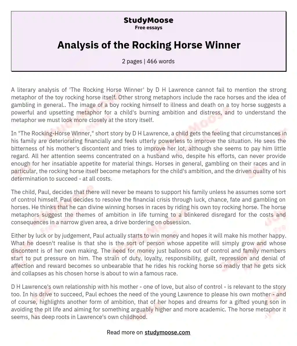 Analysis of the Rocking Horse Winner essay