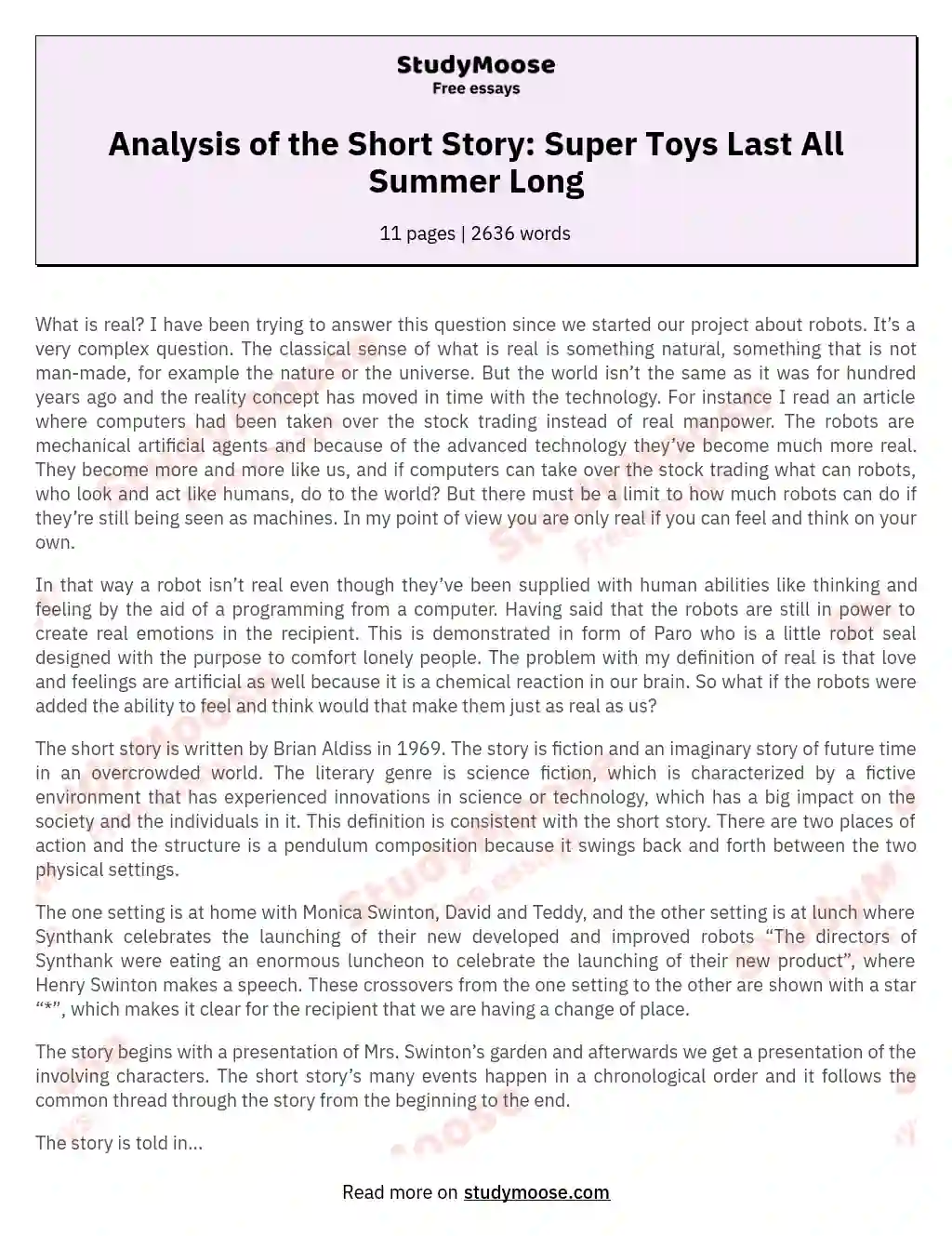 Analysis of the Short Story: Super Toys Last All Summer Long essay