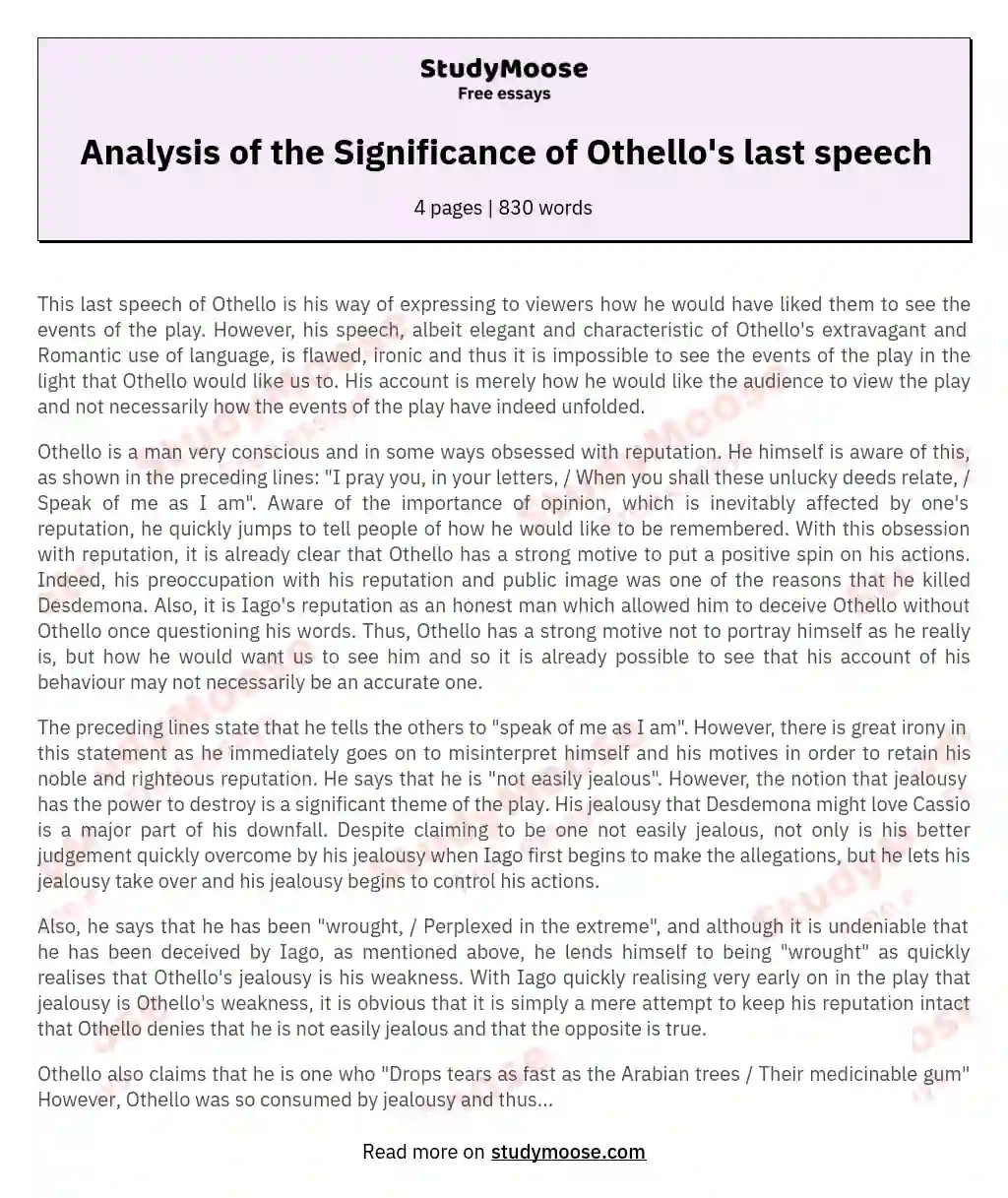 Analysis of the Significance of Othello's last speech essay