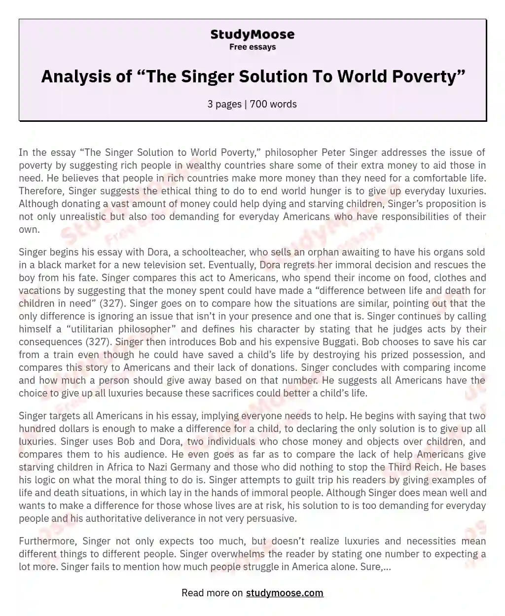Analysis of “The Singer Solution To World Poverty” essay