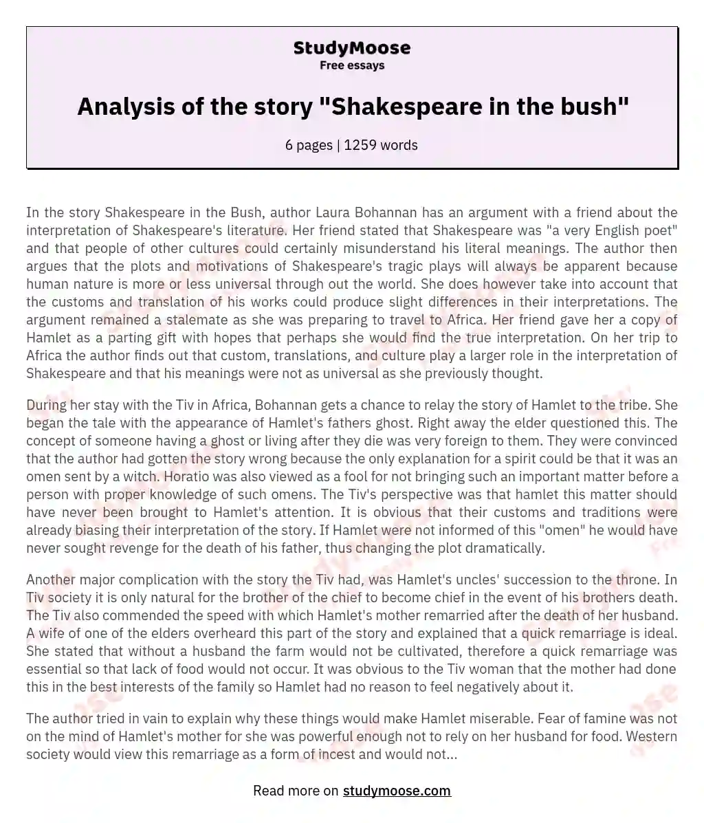 Analysis of the story "Shakespeare in the bush" essay