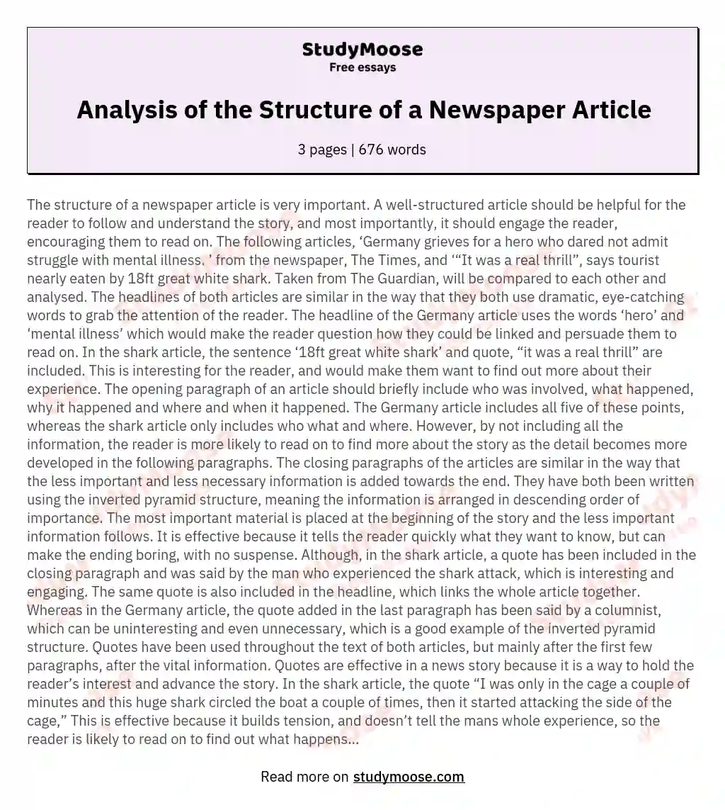 Analysis of the Structure of a Newspaper Article essay