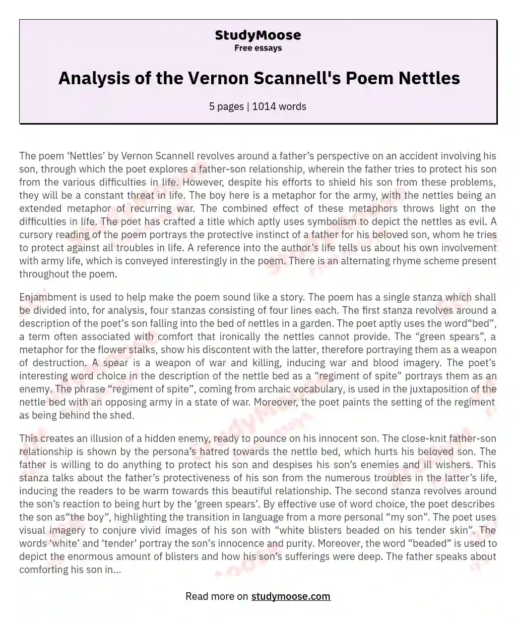 Analysis of the Vernon Scannell's Poem Nettles essay