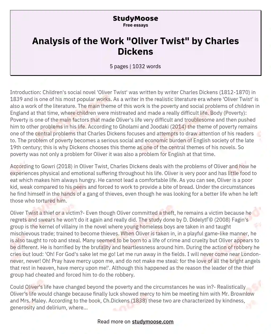 Analysis of the Work "Oliver Twist" by Charles Dickens